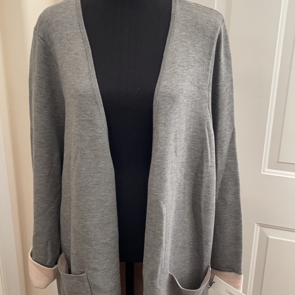 Calvin Klein Gray Open Front Long Knit Cardigan w/Contrast Color - Picture 4 of 10